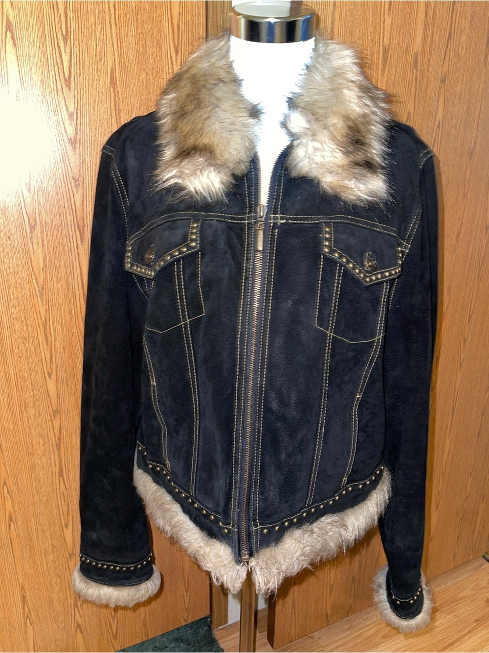 Giacca Faux Fur Trim Black Suede Zip Jacket
